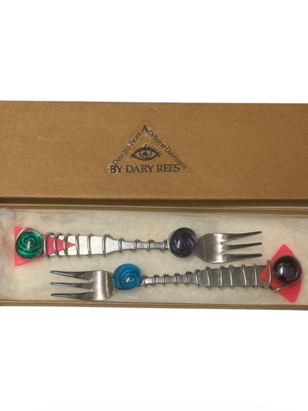 Vintage Dary Rees Glass & Wire Wrapped Dessert / Appetizer Forks Set of 2 NIB